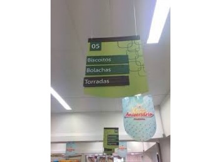 PLACA SUSPENSA PARA TETO SUPERMERCADO PERSONALIZADA